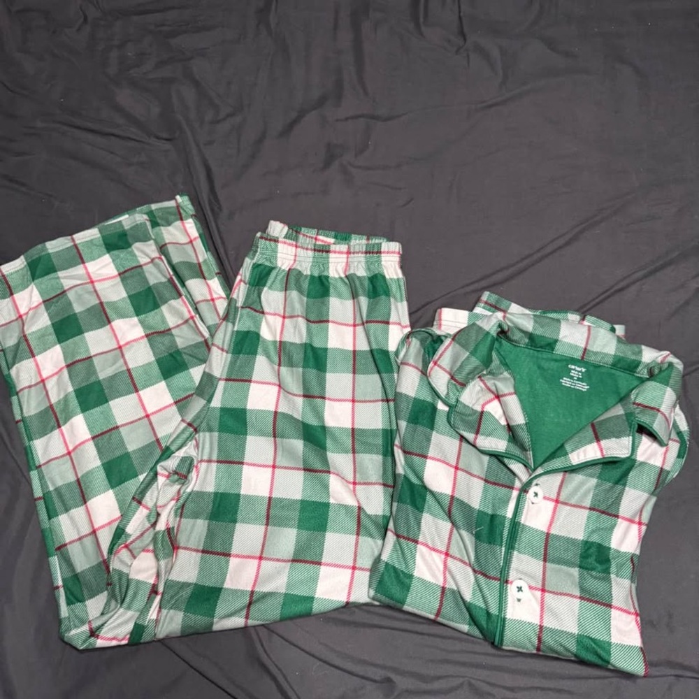 Carter's Green and White Plaid Button-Up Pajama Set with Red Accents